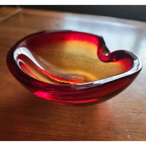 Murano Italy Red Orange Pinched Trinket Bowl Ashtray - Picture 6 of 11